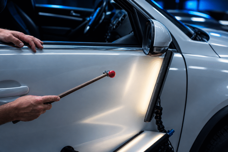 Dent technician working to fix dent in white car
